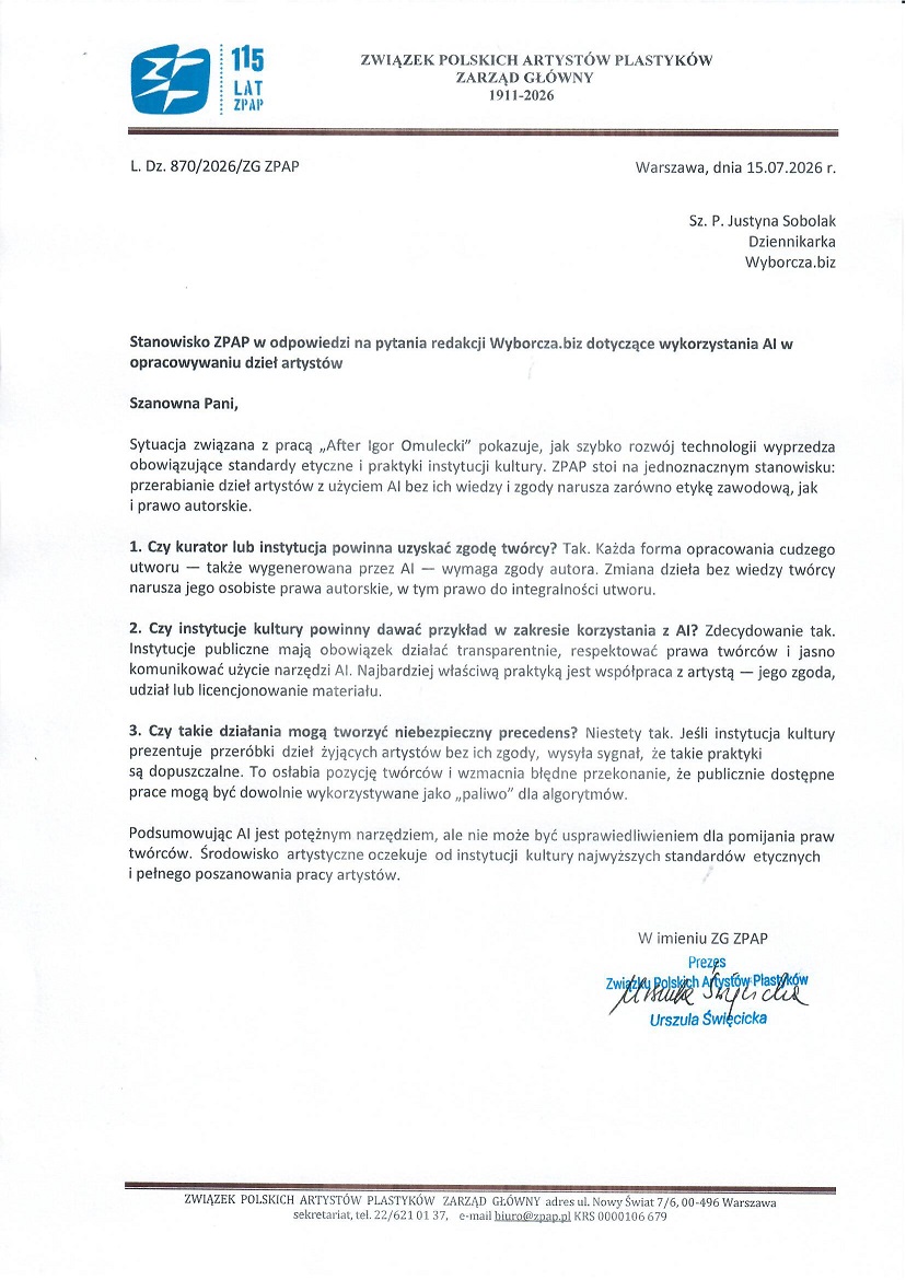 2026.07.15 stanowisko ZPAP dla wyborcza.biz dot. wykorzystanie AI