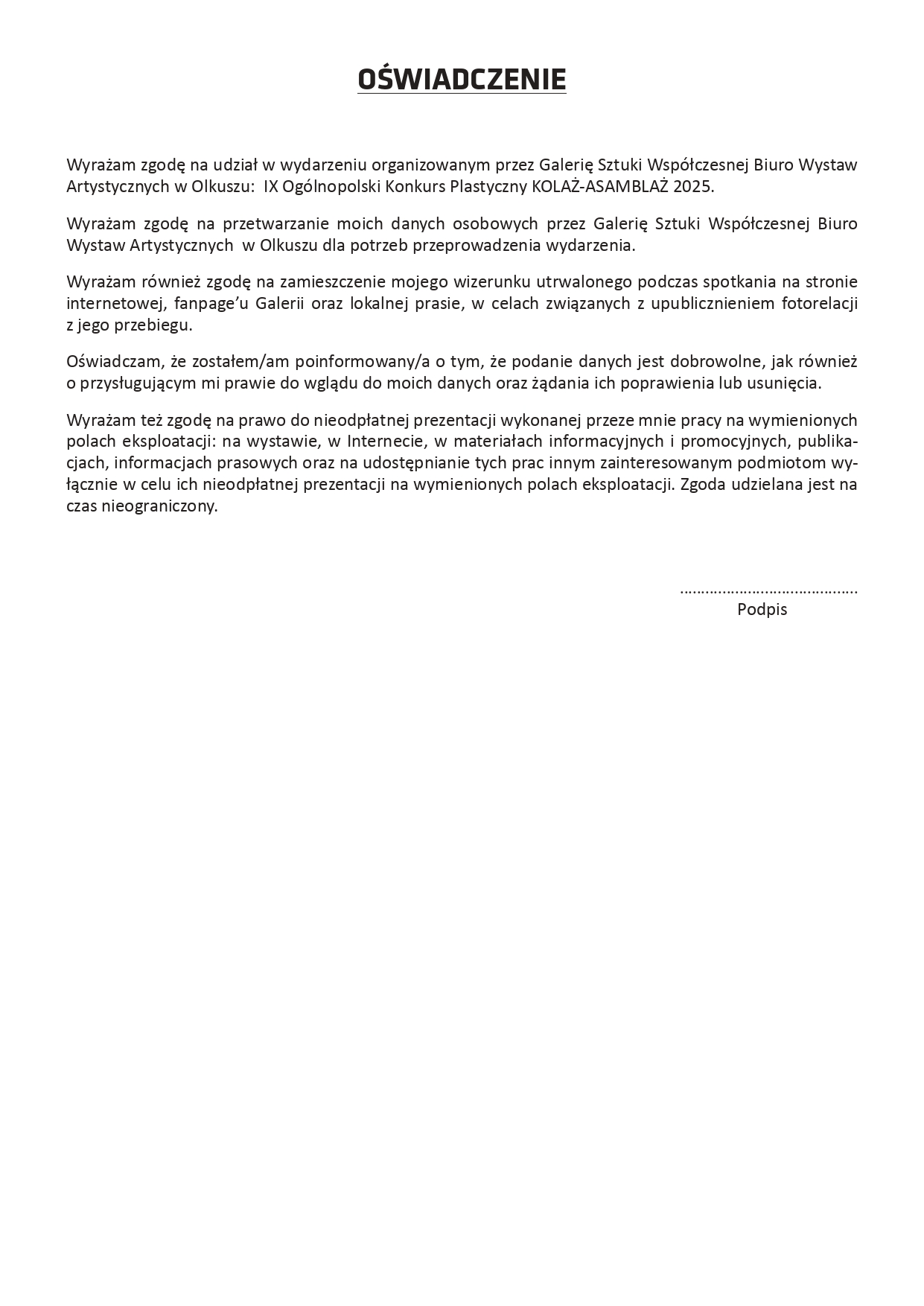 KARTA ZGŁOSZENIA 2025 page 0002 Konkurs Kolaż Asamblaż 2025 BWA Olkusz
