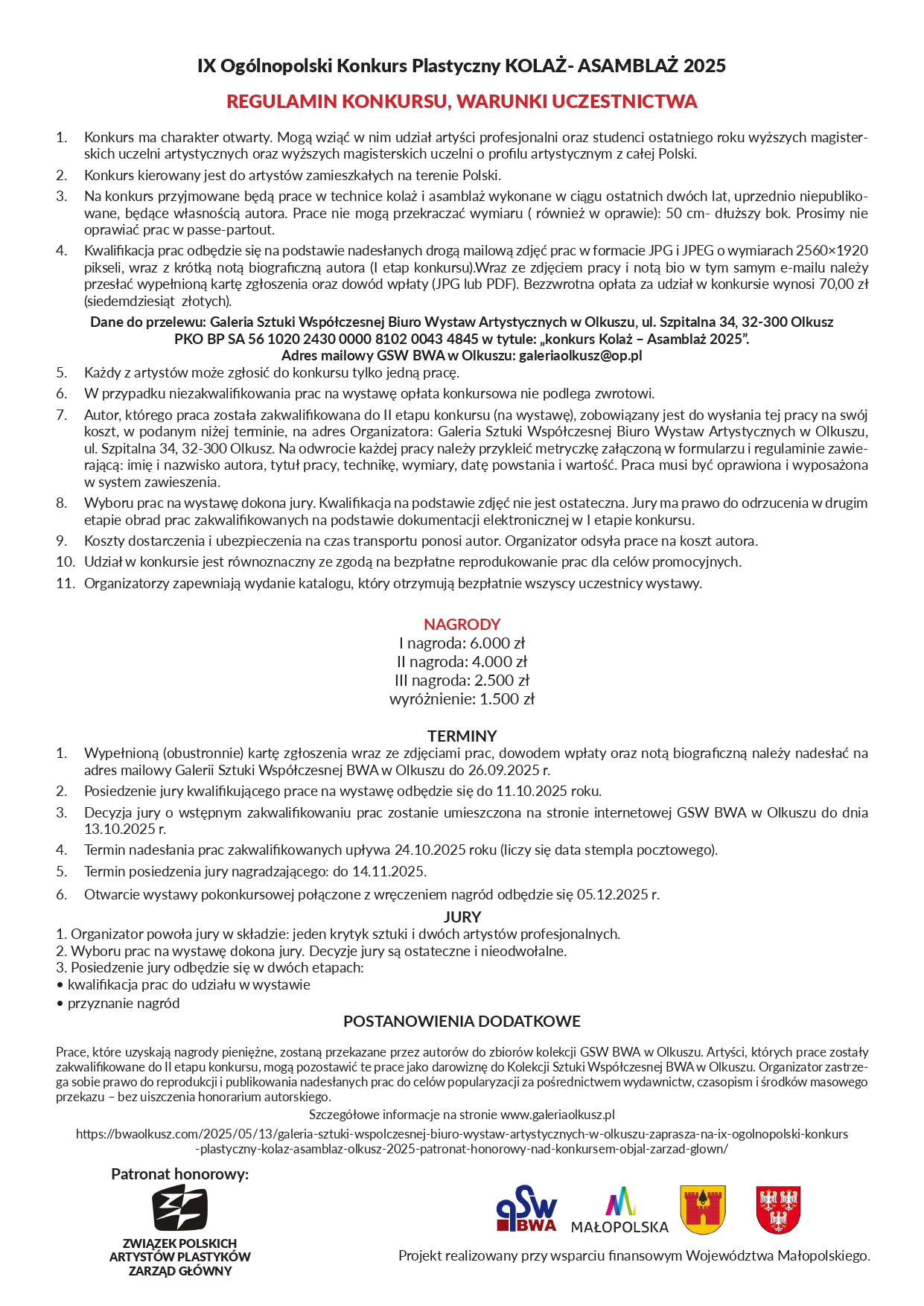 regulamin 2025 KA 3 page 0001 Konkurs Kolaż Asamblaż 2025 BWA Olkusz